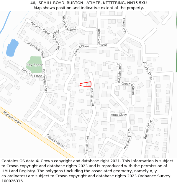 46, ISEMILL ROAD, BURTON LATIMER, KETTERING, NN15 5XU: Location map and indicative extent of plot