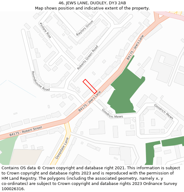 46, JEWS LANE, DUDLEY, DY3 2AB: Location map and indicative extent of plot