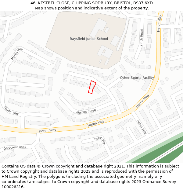 46, KESTREL CLOSE, CHIPPING SODBURY, BRISTOL, BS37 6XD: Location map and indicative extent of plot