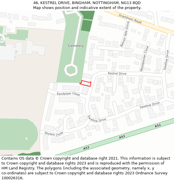 46, KESTREL DRIVE, BINGHAM, NOTTINGHAM, NG13 8QD: Location map and indicative extent of plot