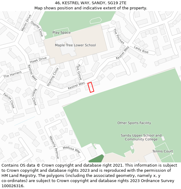 46, KESTREL WAY, SANDY, SG19 2TE: Location map and indicative extent of plot