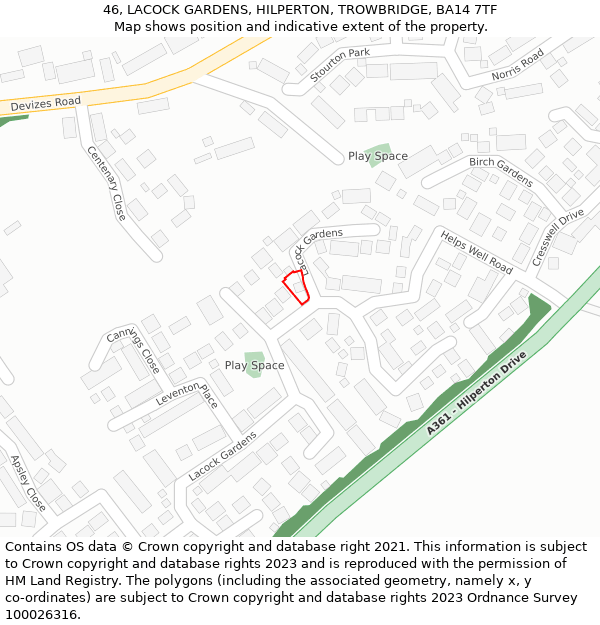 46, LACOCK GARDENS, HILPERTON, TROWBRIDGE, BA14 7TF: Location map and indicative extent of plot