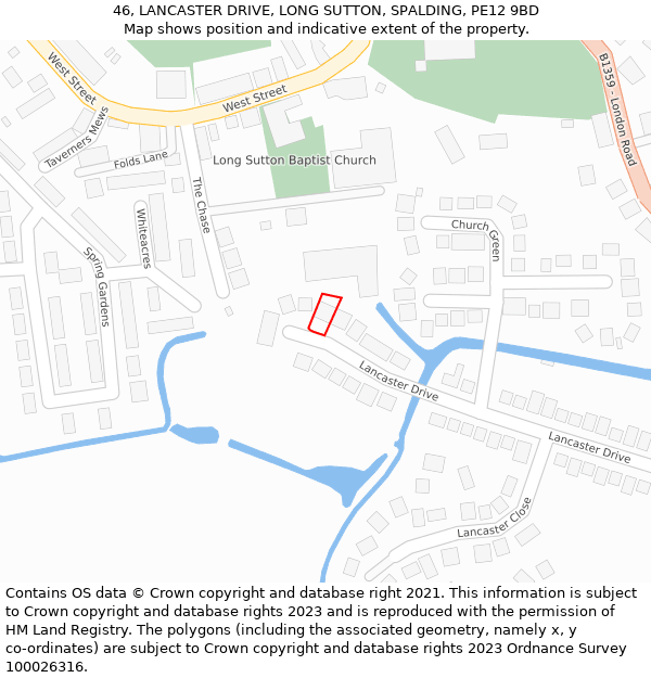 46, LANCASTER DRIVE, LONG SUTTON, SPALDING, PE12 9BD: Location map and indicative extent of plot