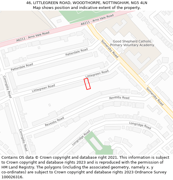 46, LITTLEGREEN ROAD, WOODTHORPE, NOTTINGHAM, NG5 4LN: Location map and indicative extent of plot