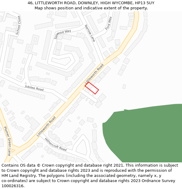 46, LITTLEWORTH ROAD, DOWNLEY, HIGH WYCOMBE, HP13 5UY: Location map and indicative extent of plot