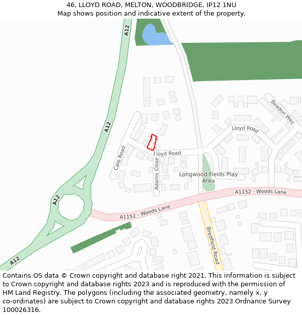 46, LLOYD ROAD, MELTON, WOODBRIDGE, IP12 1NU: Location map and indicative extent of plot