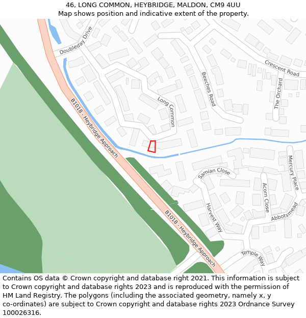 46, LONG COMMON, HEYBRIDGE, MALDON, CM9 4UU: Location map and indicative extent of plot