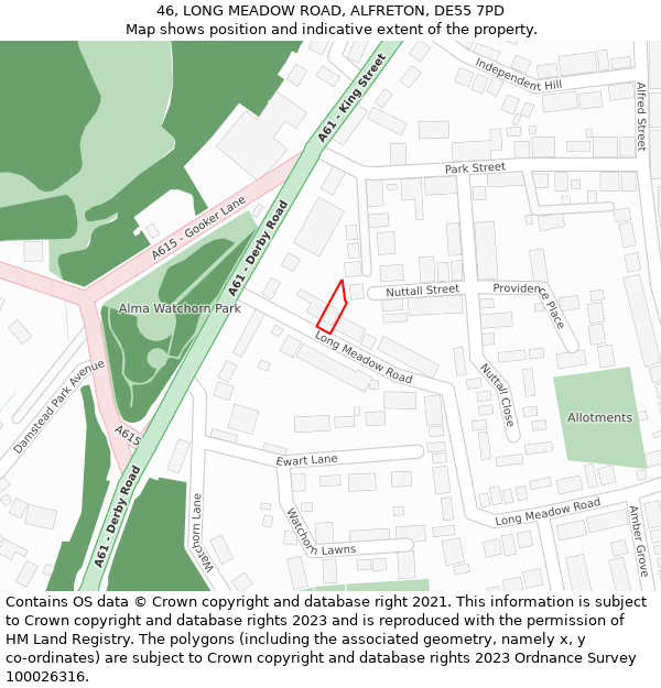 46, LONG MEADOW ROAD, ALFRETON, DE55 7PD: Location map and indicative extent of plot
