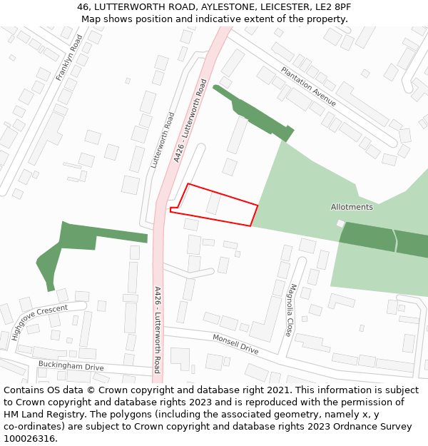 46, LUTTERWORTH ROAD, AYLESTONE, LEICESTER, LE2 8PF: Location map and indicative extent of plot