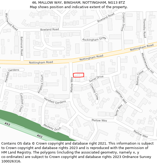 46, MALLOW WAY, BINGHAM, NOTTINGHAM, NG13 8TZ: Location map and indicative extent of plot