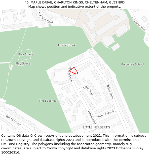 46, MAPLE DRIVE, CHARLTON KINGS, CHELTENHAM, GL53 8PD: Location map and indicative extent of plot