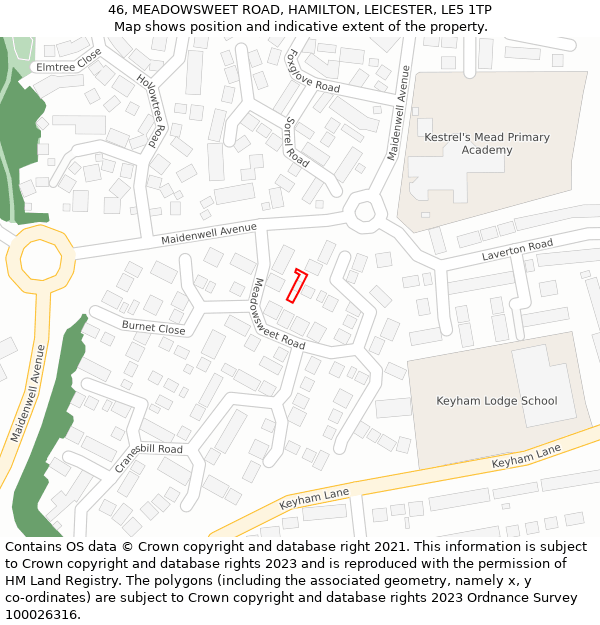 46, MEADOWSWEET ROAD, HAMILTON, LEICESTER, LE5 1TP: Location map and indicative extent of plot