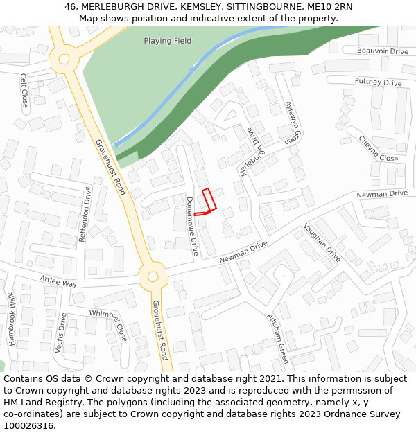 46, MERLEBURGH DRIVE, KEMSLEY, SITTINGBOURNE, ME10 2RN: Location map and indicative extent of plot