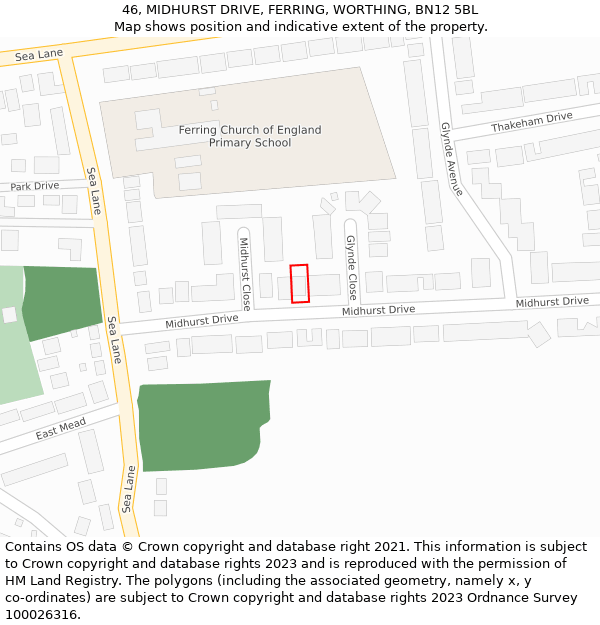 46, MIDHURST DRIVE, FERRING, WORTHING, BN12 5BL: Location map and indicative extent of plot