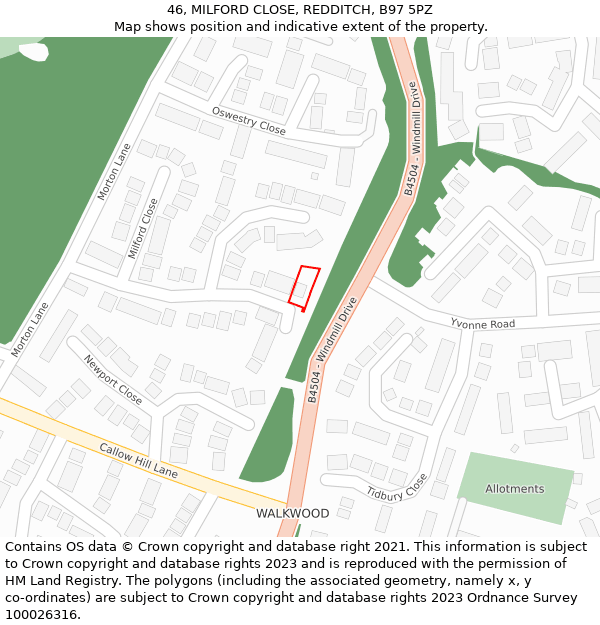 46, MILFORD CLOSE, REDDITCH, B97 5PZ: Location map and indicative extent of plot