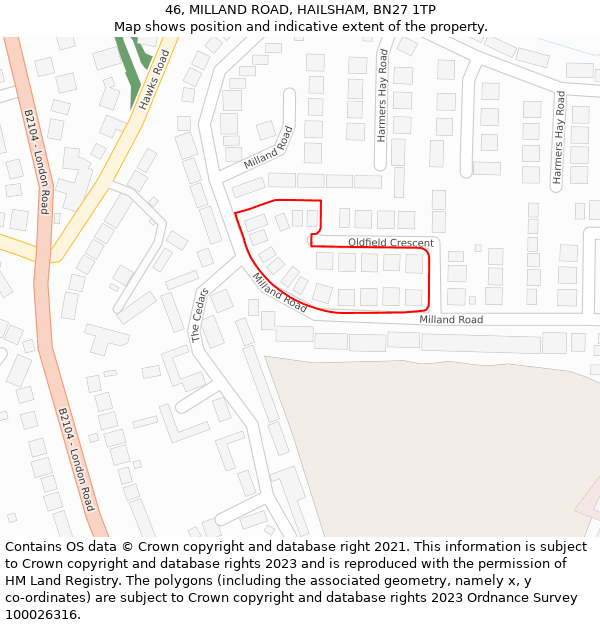 46, MILLAND ROAD, HAILSHAM, BN27 1TP: Location map and indicative extent of plot