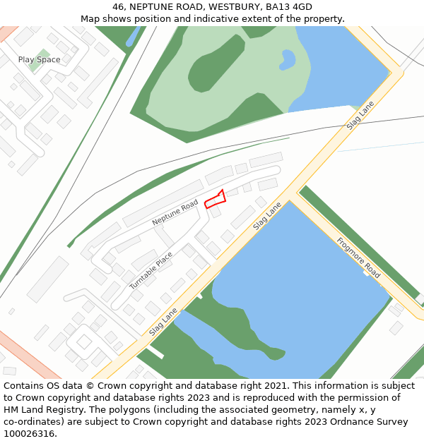 46, NEPTUNE ROAD, WESTBURY, BA13 4GD: Location map and indicative extent of plot