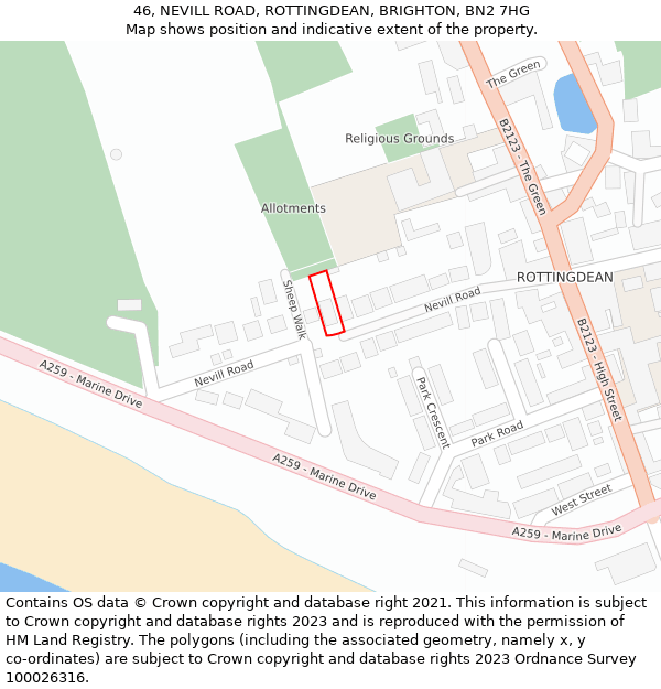 46, NEVILL ROAD, ROTTINGDEAN, BRIGHTON, BN2 7HG: Location map and indicative extent of plot