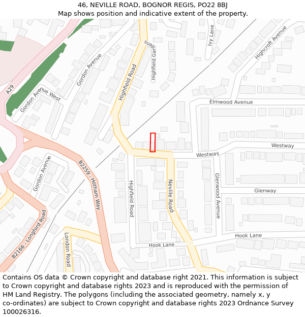 46, NEVILLE ROAD, BOGNOR REGIS, PO22 8BJ: Location map and indicative extent of plot