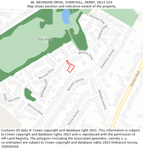 46, NEVINSON DRIVE, SUNNYHILL, DERBY, DE23 1GX: Location map and indicative extent of plot