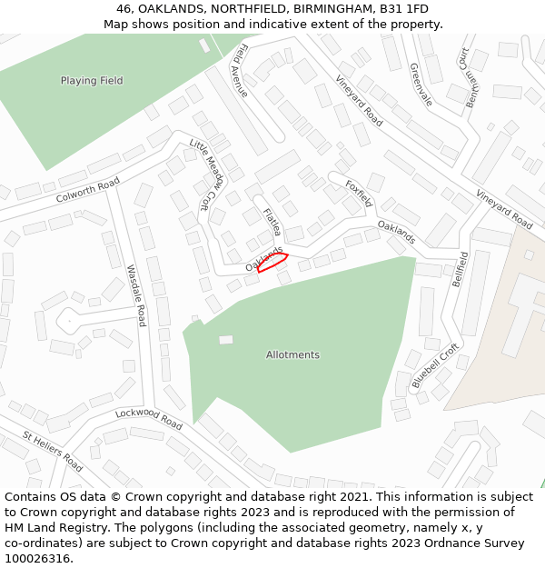 46, OAKLANDS, NORTHFIELD, BIRMINGHAM, B31 1FD: Location map and indicative extent of plot