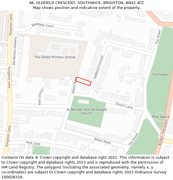 46, OLDFIELD CRESCENT, SOUTHWICK, BRIGHTON, BN42 4FZ: Location map and indicative extent of plot