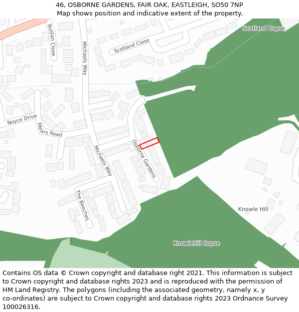 46, OSBORNE GARDENS, FAIR OAK, EASTLEIGH, SO50 7NP: Location map and indicative extent of plot