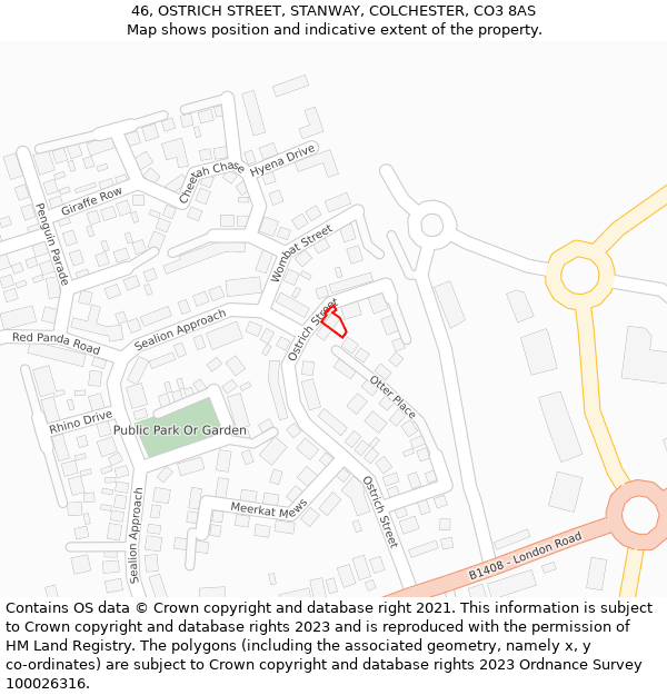 46, OSTRICH STREET, STANWAY, COLCHESTER, CO3 8AS: Location map and indicative extent of plot