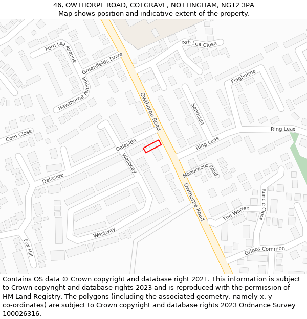 46, OWTHORPE ROAD, COTGRAVE, NOTTINGHAM, NG12 3PA: Location map and indicative extent of plot