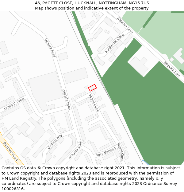 46, PAGETT CLOSE, HUCKNALL, NOTTINGHAM, NG15 7US: Location map and indicative extent of plot