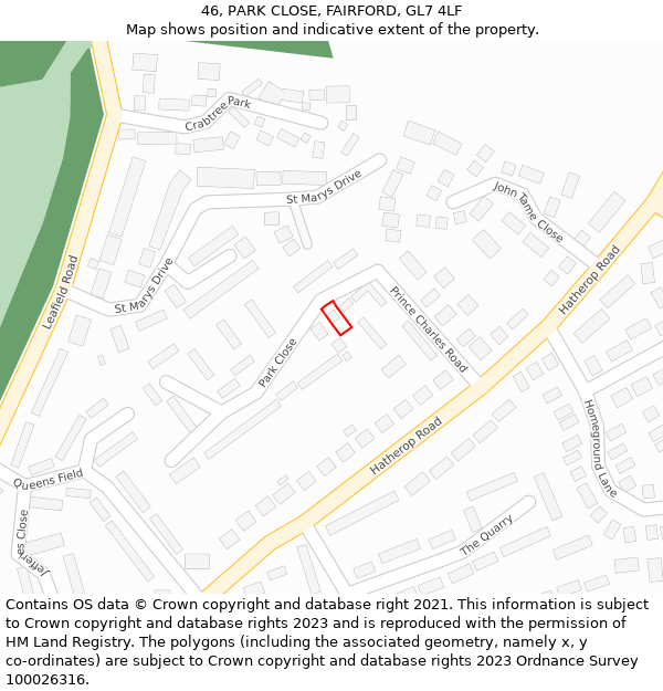 46, PARK CLOSE, FAIRFORD, GL7 4LF: Location map and indicative extent of plot