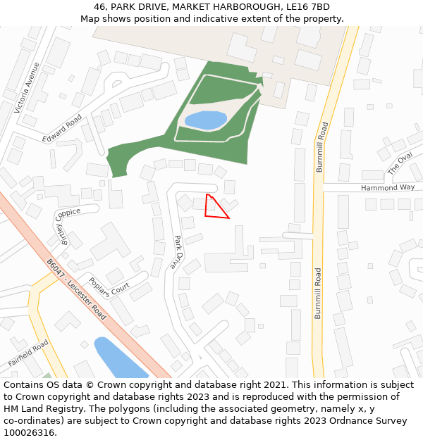 46, PARK DRIVE, MARKET HARBOROUGH, LE16 7BD: Location map and indicative extent of plot