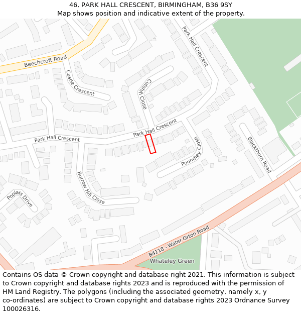 46, PARK HALL CRESCENT, BIRMINGHAM, B36 9SY: Location map and indicative extent of plot