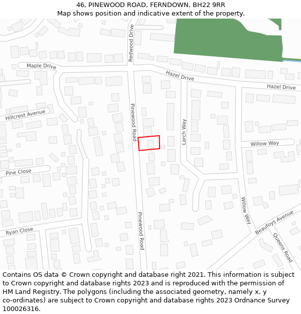 46, PINEWOOD ROAD, FERNDOWN, BH22 9RR: Location map and indicative extent of plot