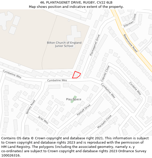 46, PLANTAGENET DRIVE, RUGBY, CV22 6LB: Location map and indicative extent of plot