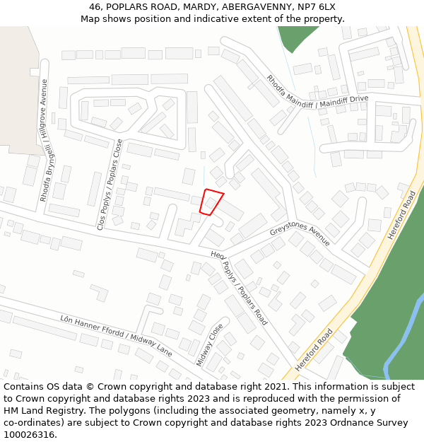 46, POPLARS ROAD, MARDY, ABERGAVENNY, NP7 6LX: Location map and indicative extent of plot