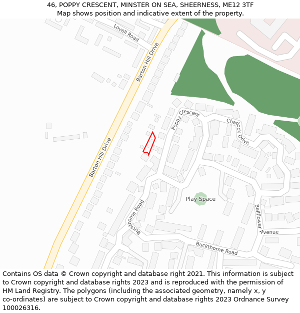 46, POPPY CRESCENT, MINSTER ON SEA, SHEERNESS, ME12 3TF: Location map and indicative extent of plot