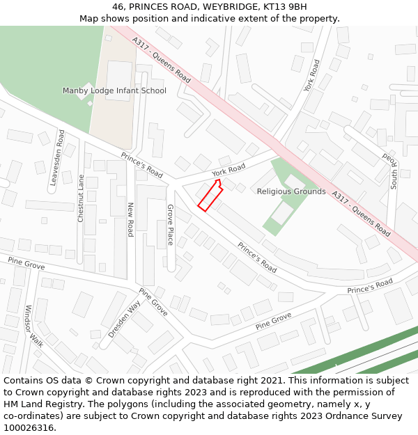 46, PRINCES ROAD, WEYBRIDGE, KT13 9BH: Location map and indicative extent of plot