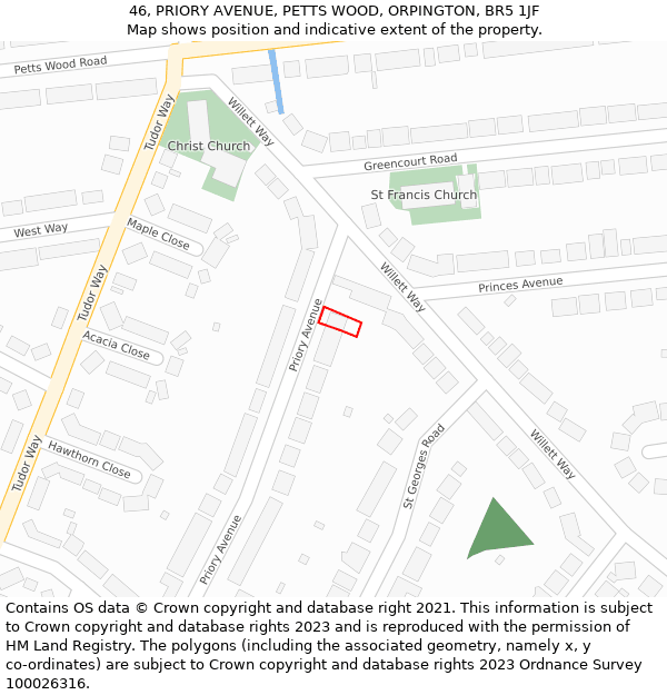 46, PRIORY AVENUE, PETTS WOOD, ORPINGTON, BR5 1JF: Location map and indicative extent of plot