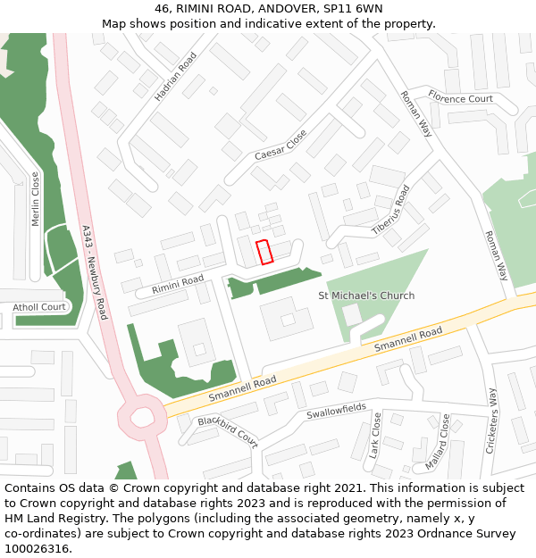 46, RIMINI ROAD, ANDOVER, SP11 6WN: Location map and indicative extent of plot