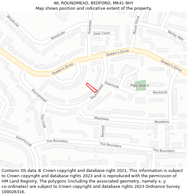 46, ROUNDMEAD, BEDFORD, MK41 9HY: Location map and indicative extent of plot