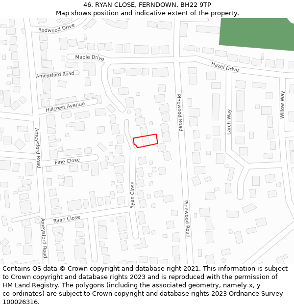 46, RYAN CLOSE, FERNDOWN, BH22 9TP: Location map and indicative extent of plot