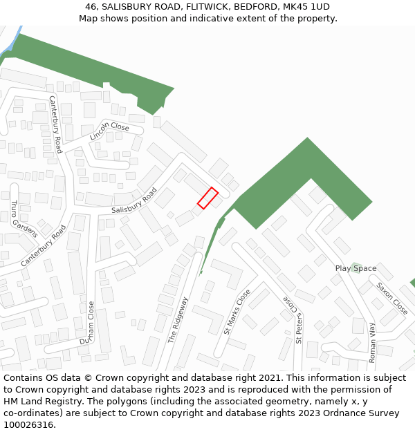 46, SALISBURY ROAD, FLITWICK, BEDFORD, MK45 1UD: Location map and indicative extent of plot