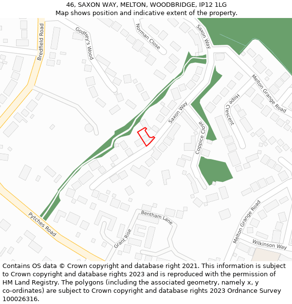 46, SAXON WAY, MELTON, WOODBRIDGE, IP12 1LG: Location map and indicative extent of plot