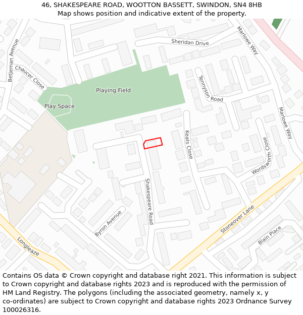 46, SHAKESPEARE ROAD, WOOTTON BASSETT, SWINDON, SN4 8HB: Location map and indicative extent of plot