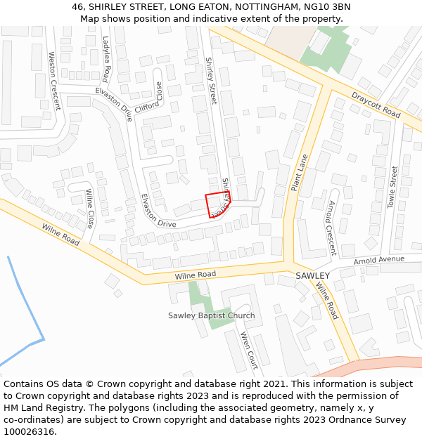 46, SHIRLEY STREET, LONG EATON, NOTTINGHAM, NG10 3BN: Location map and indicative extent of plot