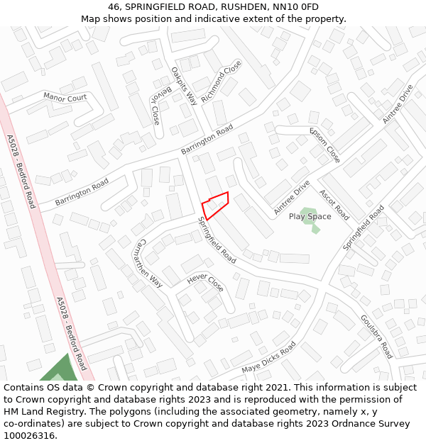 46, SPRINGFIELD ROAD, RUSHDEN, NN10 0FD: Location map and indicative extent of plot