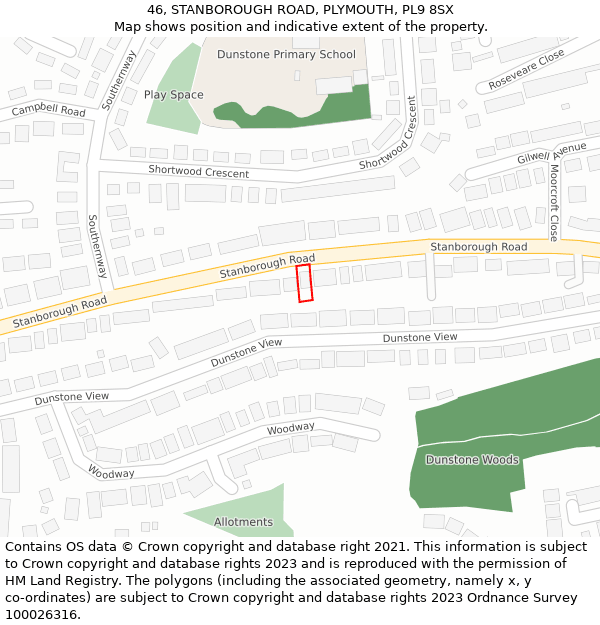 46, STANBOROUGH ROAD, PLYMOUTH, PL9 8SX: Location map and indicative extent of plot