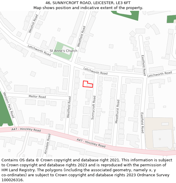 46, SUNNYCROFT ROAD, LEICESTER, LE3 6FT: Location map and indicative extent of plot