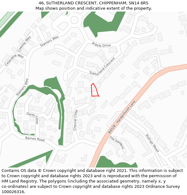 46, SUTHERLAND CRESCENT, CHIPPENHAM, SN14 6RS: Location map and indicative extent of plot